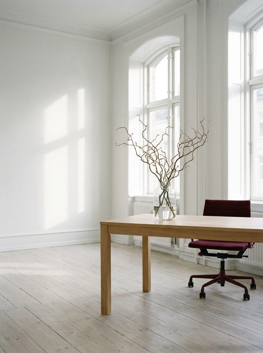 An empty desk and chair in a bright office